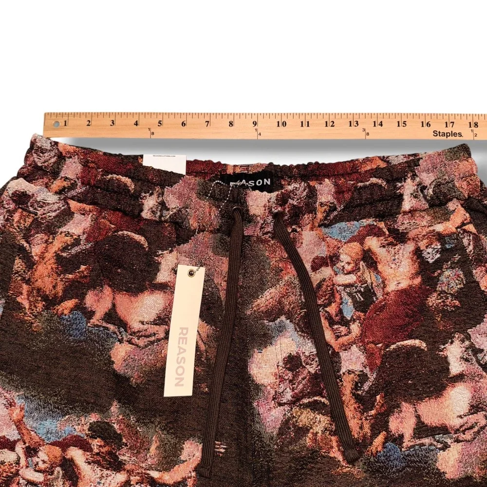 Reason Tapestry Shorts Mens XL Brown Multi Renaissance Art Graphic Woven New